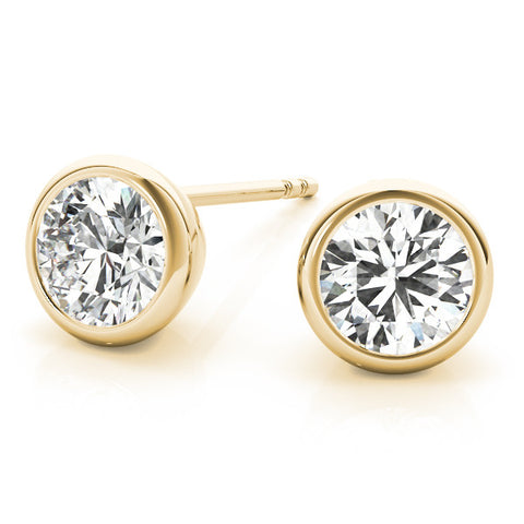 Yellow gold Bezel Set Round Diamond Stud Earrings with Push Back 1