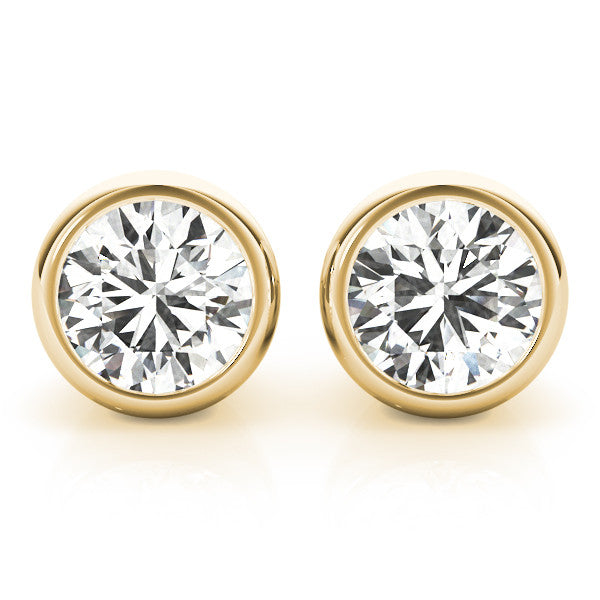 Yellow gold Bezel Set Round Diamond Stud Earrings with Push Back