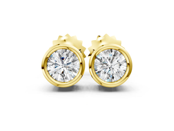 Yellow gold Bezel Set Round Diamond Stud Earrings with Push Back
