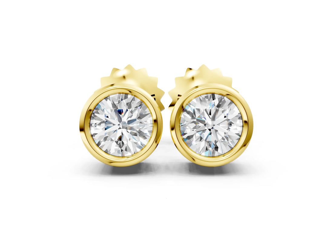 14K Yellow Gold 6.01 Carat D VS2 Bezel Set Round Diamond Stud Earrings with Push Back