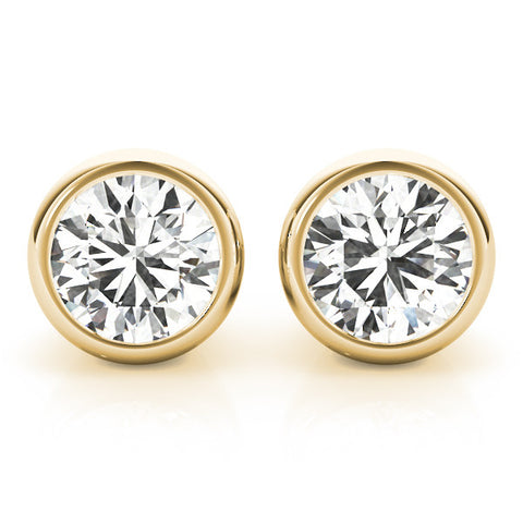 Yellow gold Bezel Set Round Diamond Stud Earrings with Push Back