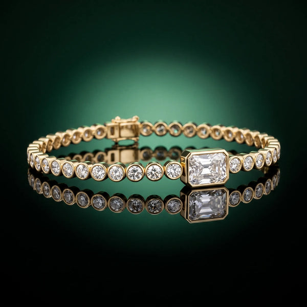 Yellow gold Bezel-Set Round Diamond Tennis Bracelet with Radiant Center Diamond