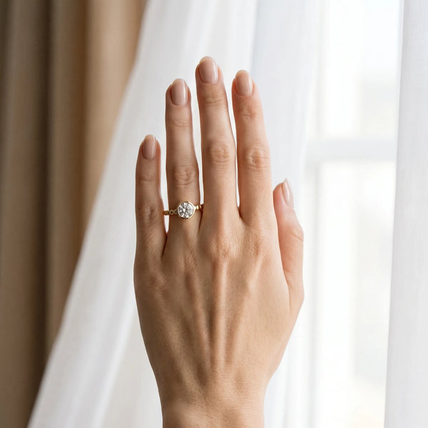 Yellow gold Bezel Set Round Solitaire Beaded Band Ring