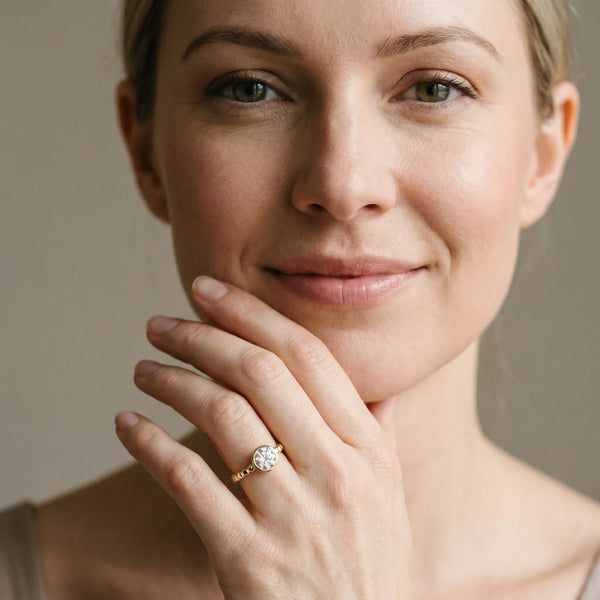 Yellow gold Bezel Set Round Solitaire Beaded Band Ring