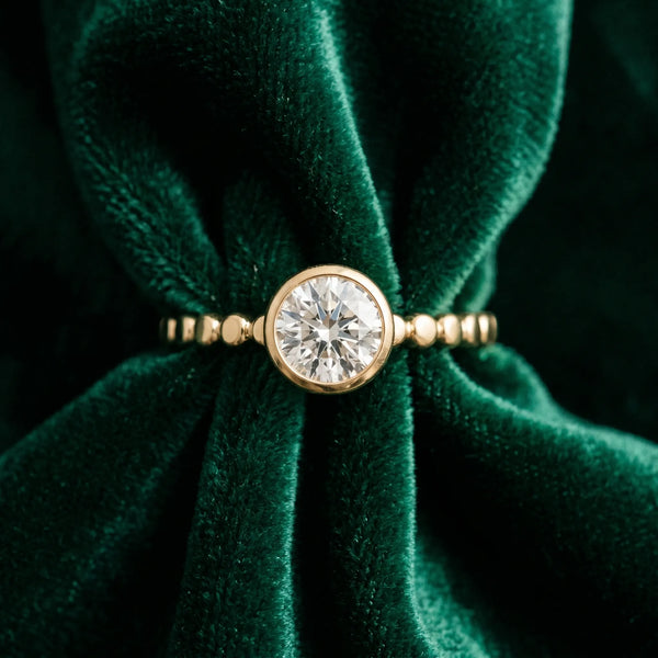 Yellow gold Bezel Set Round Solitaire Beaded Band Ring