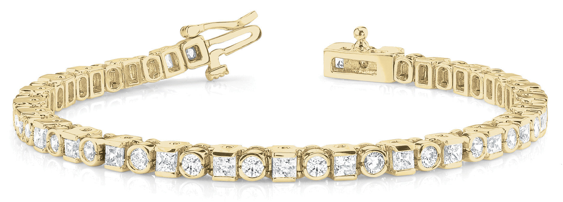 Yellow gold Bezel and Prong Set Round and Princess Cut Diamond Tennis Bracelet