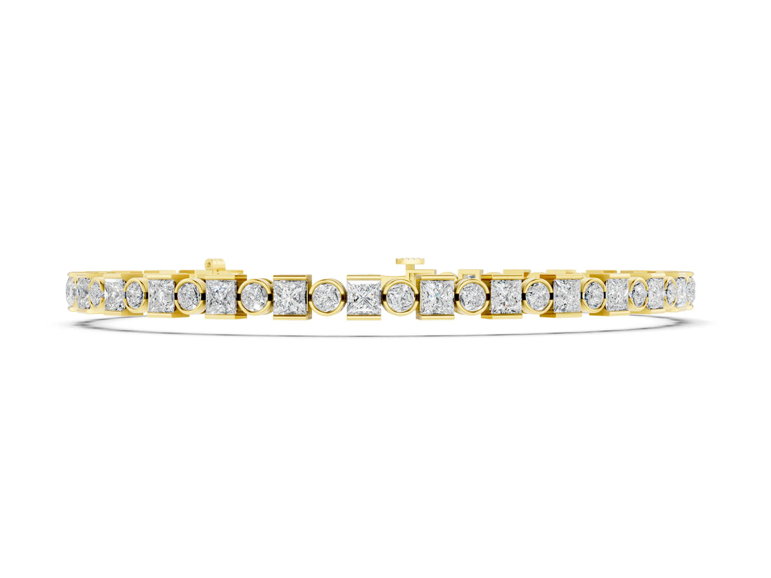 Yellow gold Bezel and Prong Set Round and Princess Cut Diamond Tennis Bracelet_2