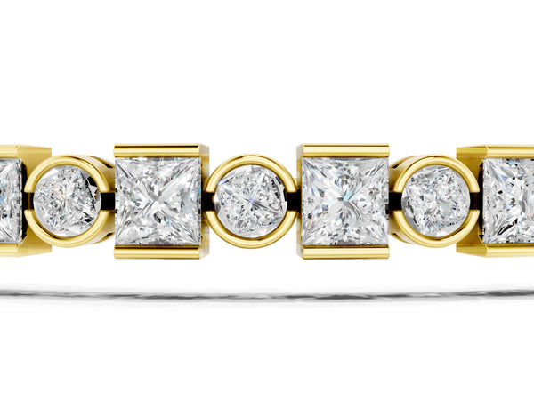 Yellow gold Bezel and Prong Set Round and Princess Cut Diamond Tennis Bracelet