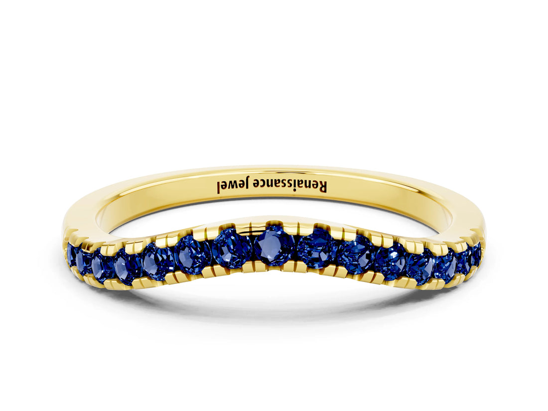 Yellow gold Blue Sapphire Pavé Curved Wedding Band_6