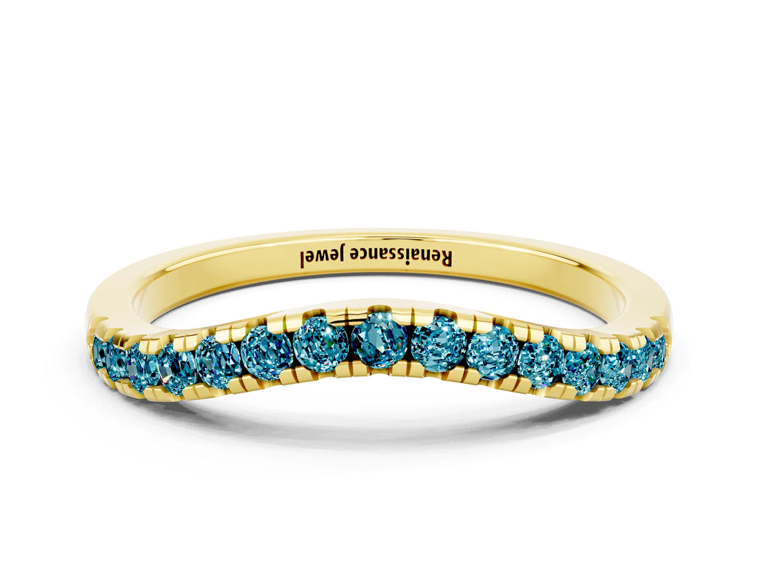 Yellow gold Blue Topaz Pavé Curved Wedding Band_6
