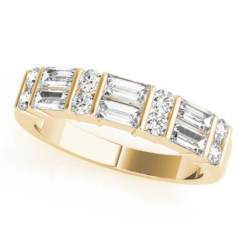 Yellow gold Channel Set Baguette and Round Diamond Band with Bar Prongs