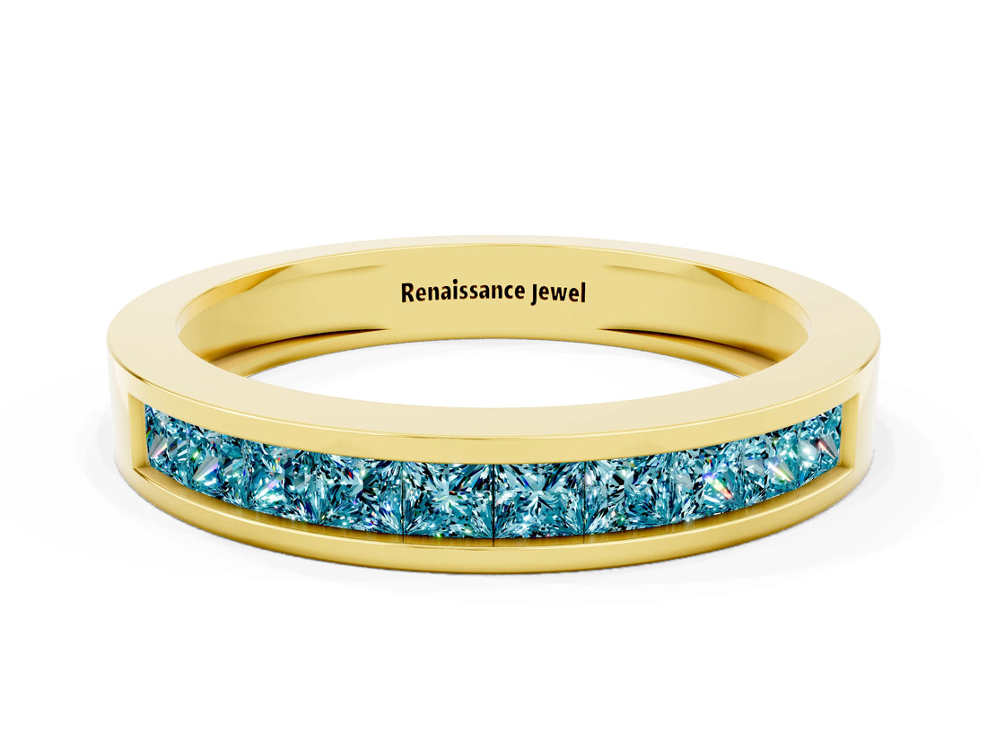 Yellow gold Channel Set Princess Cut Blue Topaz Eternity Band_108