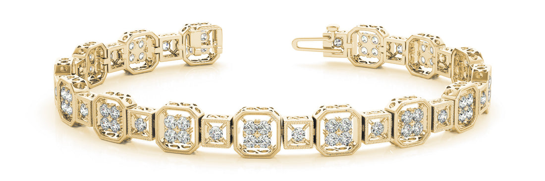 Yellow gold Channel Set Princess Cut Diamond Tennis Bracelet with Milgrain Detailing