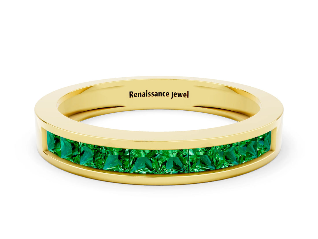 10K Yellow Gold Channel Set Princess Cut Emerald Eternity Band