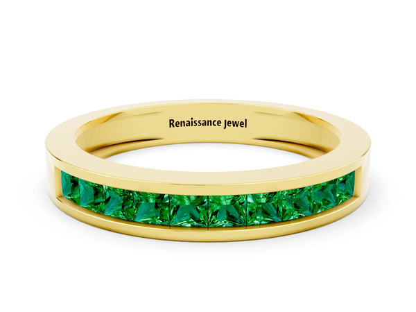 Yellow Gold Princess Cut Lab-Grown Emerald Channel Set Wedding Band with Flat Rails
