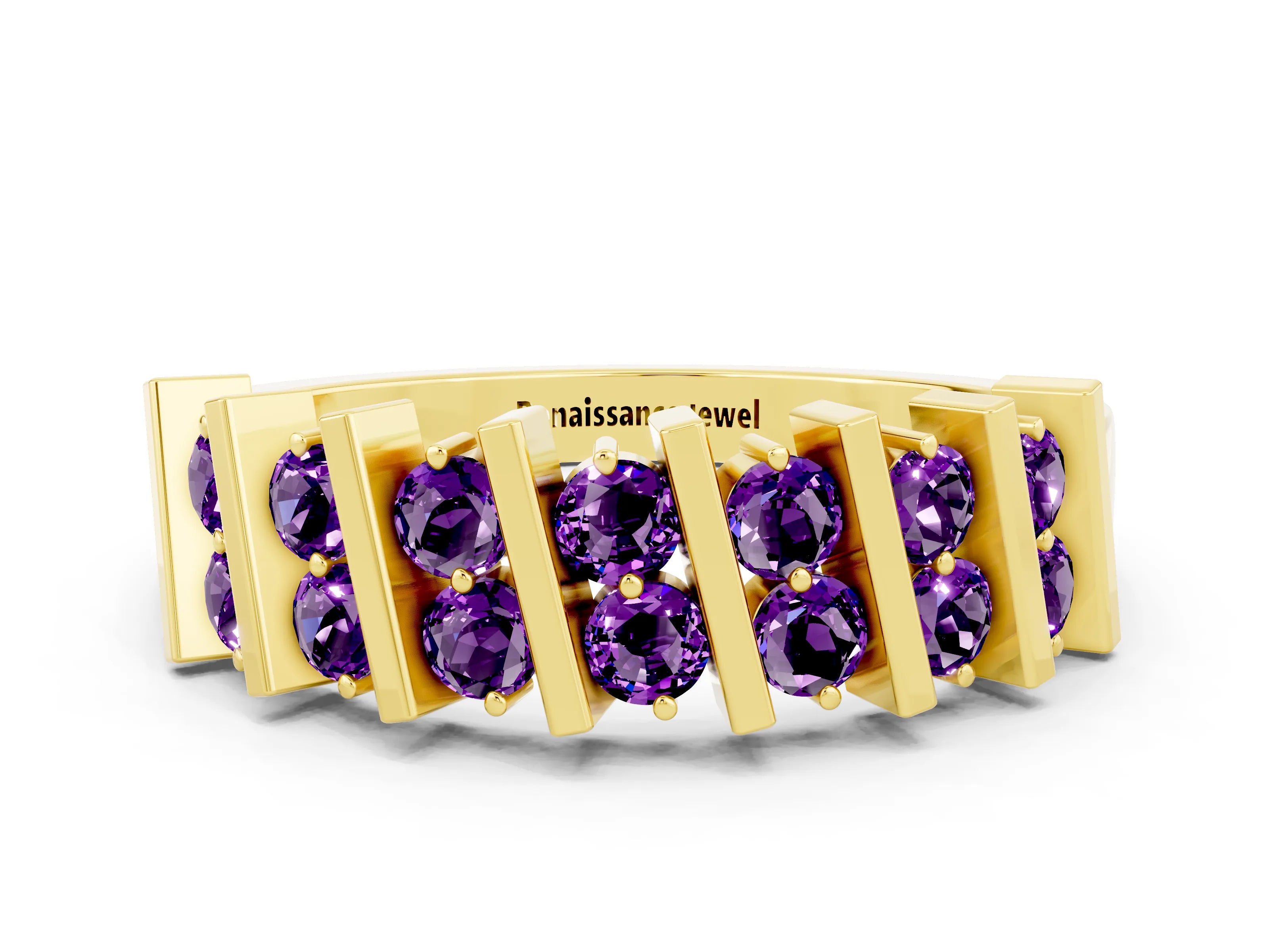 Yellow gold Channel Set Round Amethyst Anniversary Band with Vertical Prongs_6