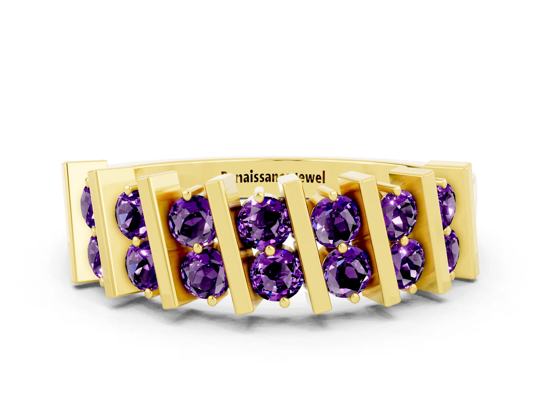 Yellow gold Channel Set Round Amethyst Anniversary Band with Vertical Prongs_6