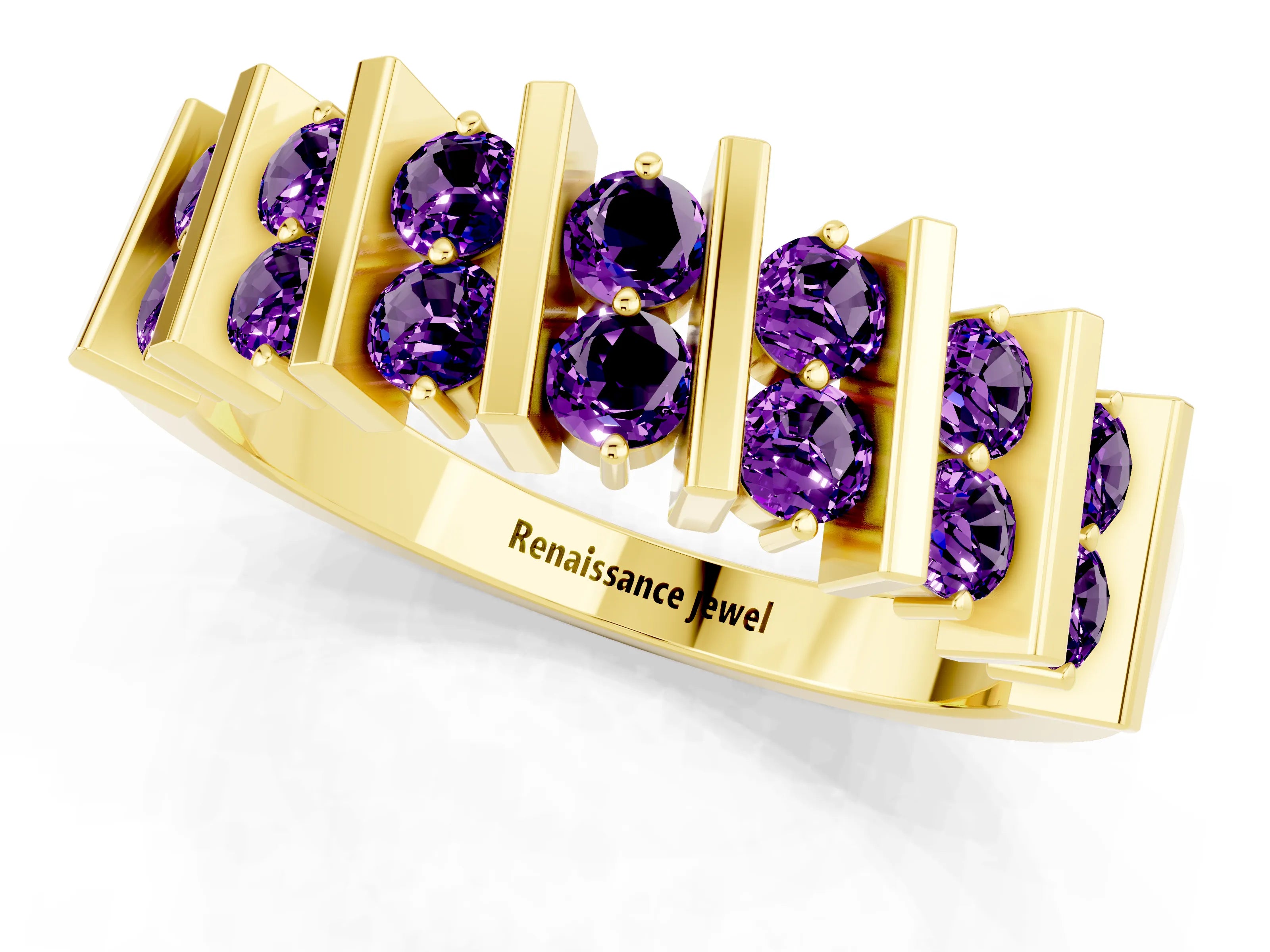 Yellow gold Channel Set Round Amethyst Anniversary Band with Vertical Prongs_7