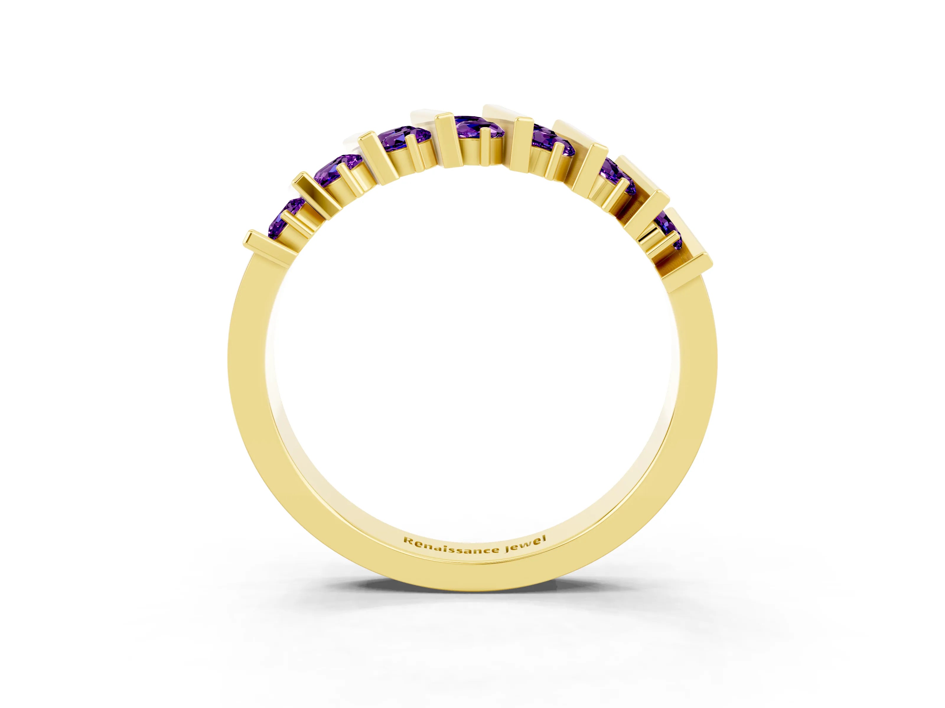 Yellow gold Channel Set Round Amethyst Anniversary Band with Vertical Prongs_9