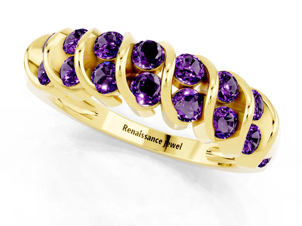 Yellow gold Channel Set Round Amethyst Multi-Row Band