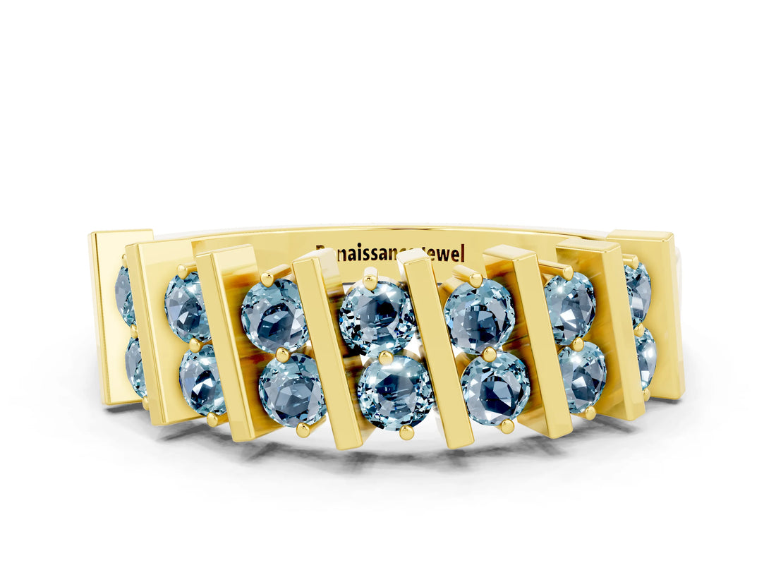 Yellow gold Channel Set Round Aquamarine Anniversary Band with Vertical Prongs_6