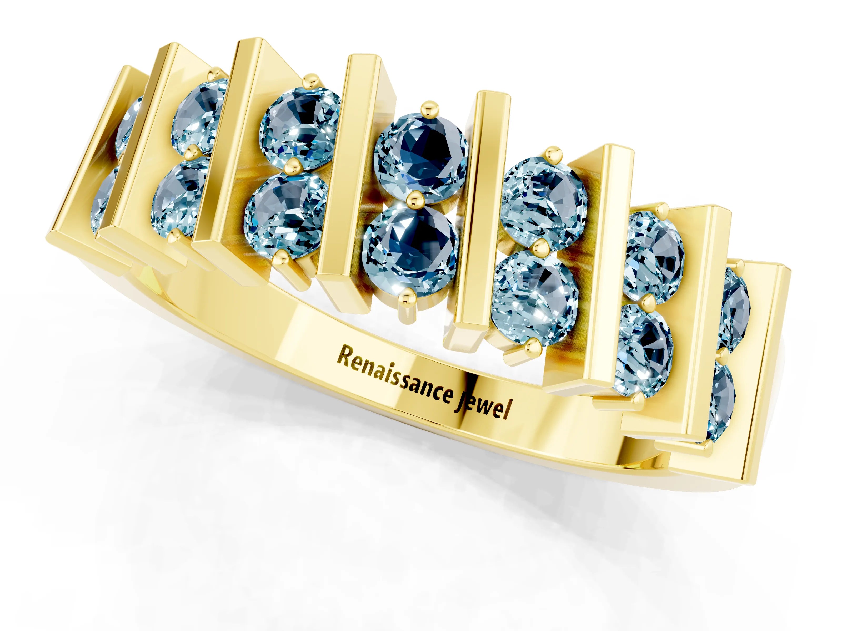 Yellow gold Channel Set Round Aquamarine Anniversary Band with Vertical Prongs_7