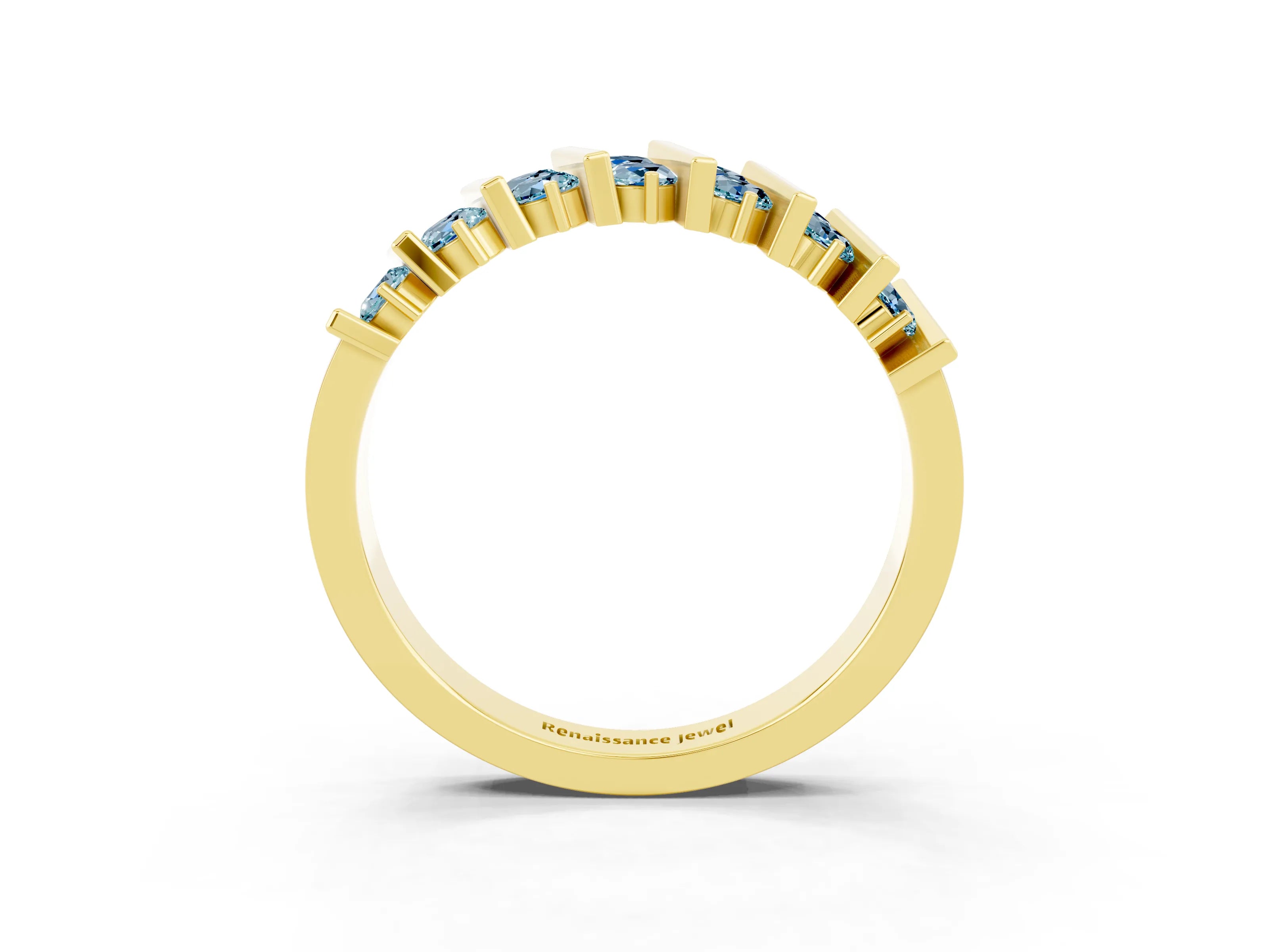 Yellow gold Channel Set Round Aquamarine Anniversary Band with Vertical Prongs_9