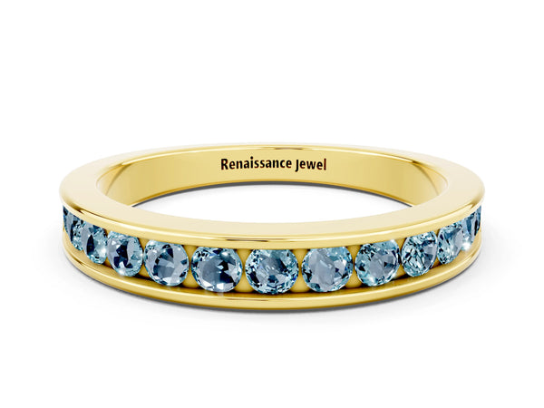 Yellow Gold Round Aquamarine Channel Set Half Eternity Band with Plain Walls