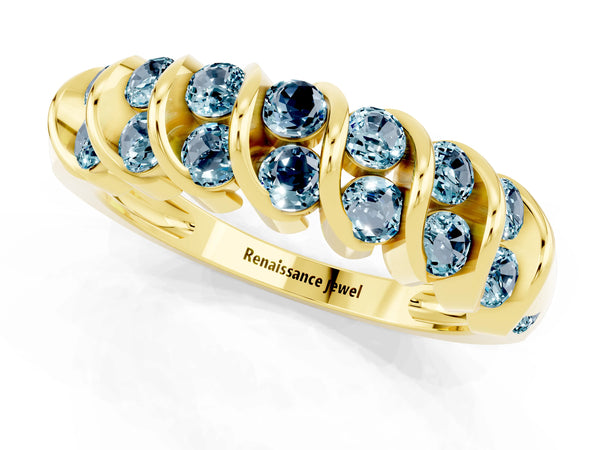 Yellow gold Channel Set Round Aquamarine Multi-Row Band