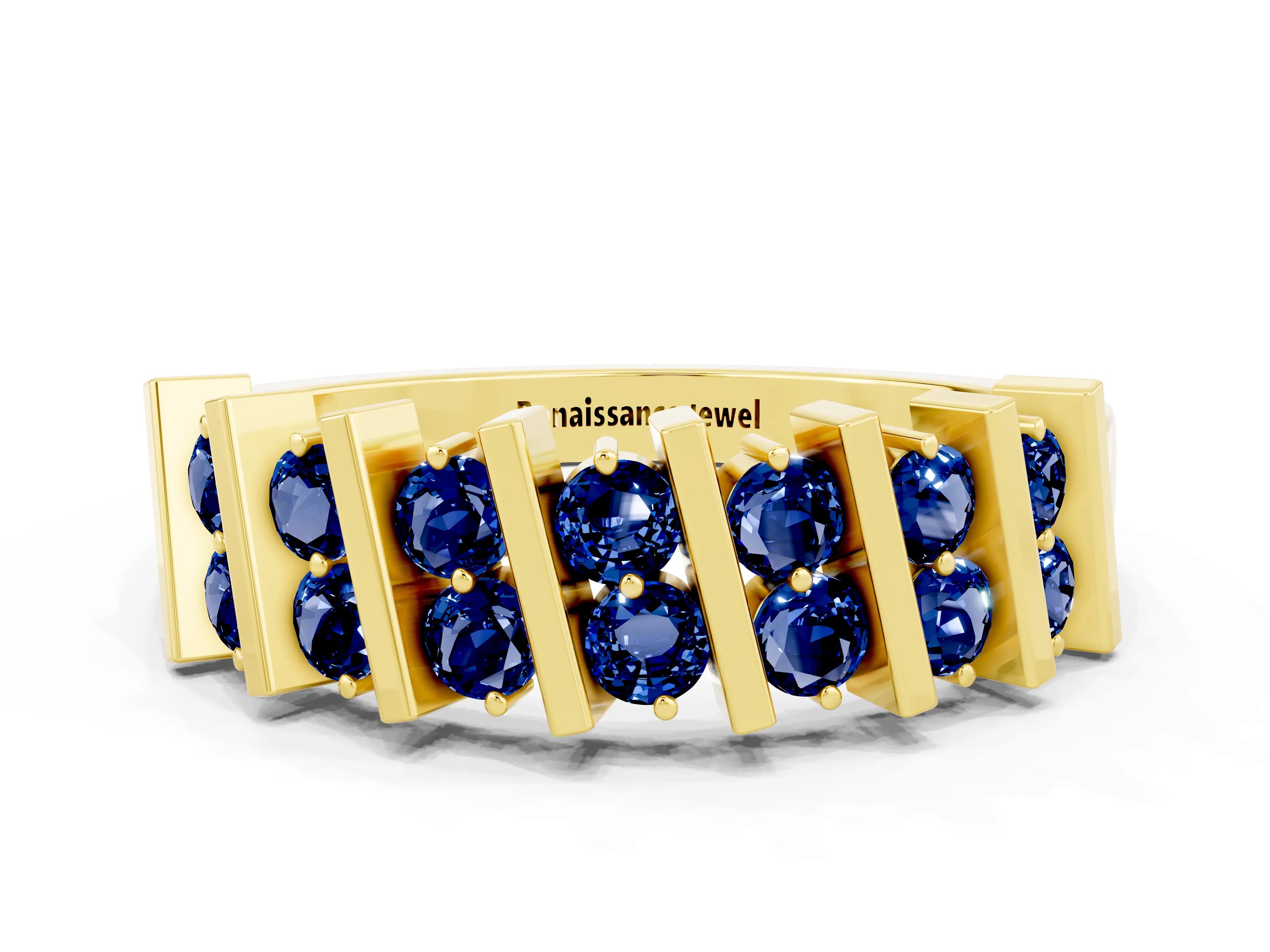Yellow gold Channel Set Round Blue Sapphire Anniversary Band with Vertical Prongs_6
