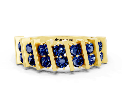Yellow gold Channel Set Round Blue Sapphire Anniversary Band with Vertical Prongs_6