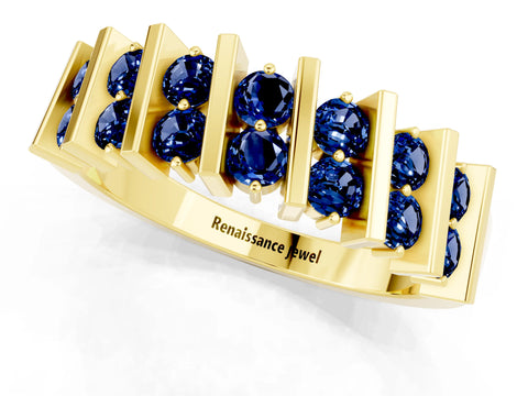 Yellow gold Channel Set Round Blue Sapphire Anniversary Band with Vertical Prongs_7