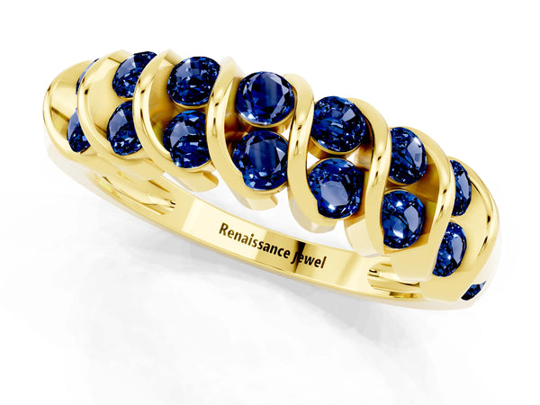 Yellow gold Channel Set Round Blue Sapphire Multi-Row Band