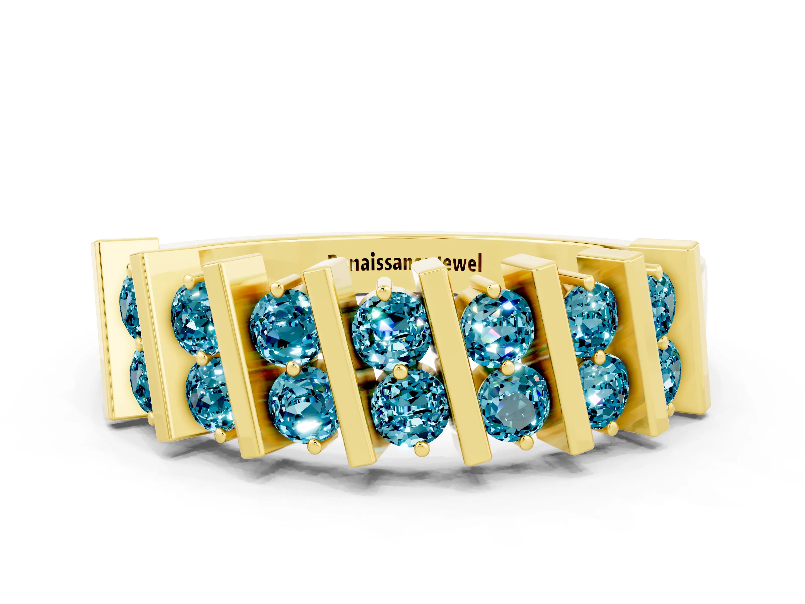 Yellow gold Channel Set Round Blue Topaz Anniversary Band with Vertical Prongs_6