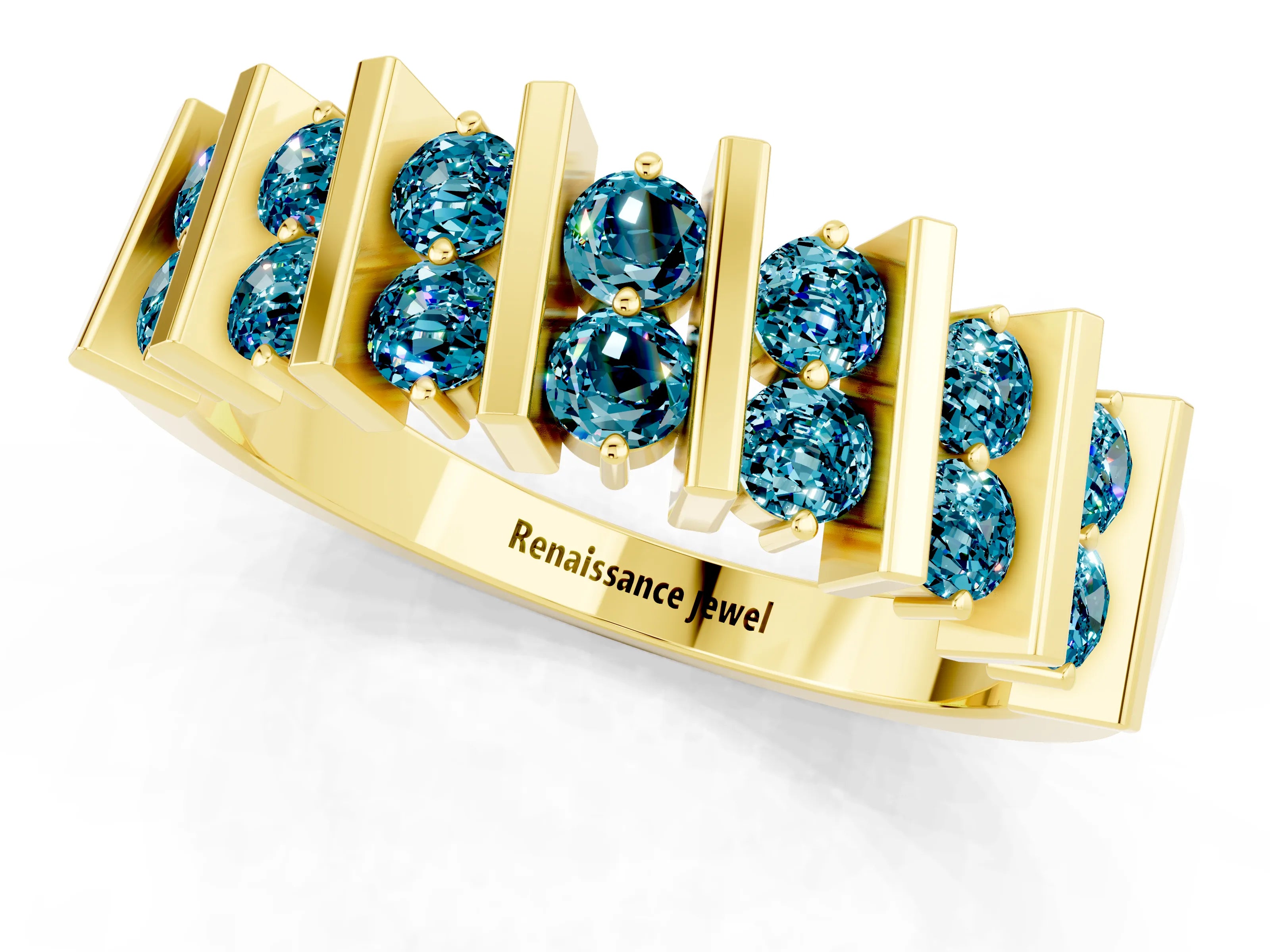 Yellow gold Channel Set Round Blue Topaz Anniversary Band with Vertical Prongs_7