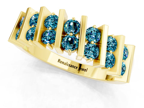 Yellow gold Channel Set Round Blue Topaz Anniversary Band with Vertical Prongs_7