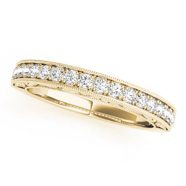 Yellow gold Channel Set Round Diamond Eternity Band with Milgrain Edging