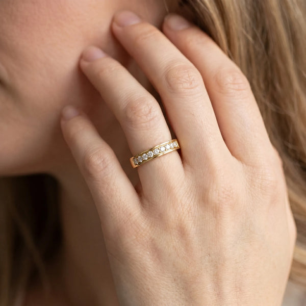 Yellow gold Channel-Set Round Diamond Eternity Band with Shared Prong Setting