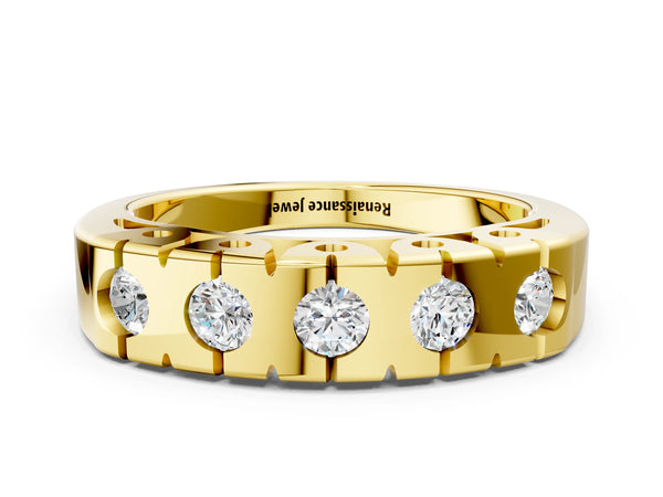 Yellow gold Channel Set Round Diamond Flat Band with Prong Setting