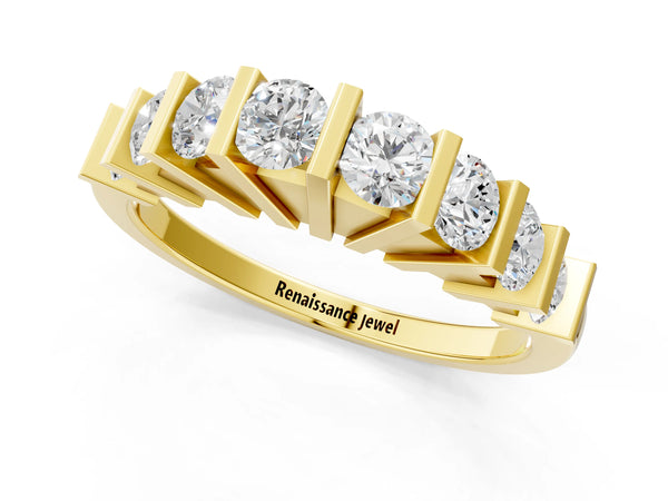 Yellow gold Channel Set Round Diamond Half Eternity Band with Bar Prong Setting