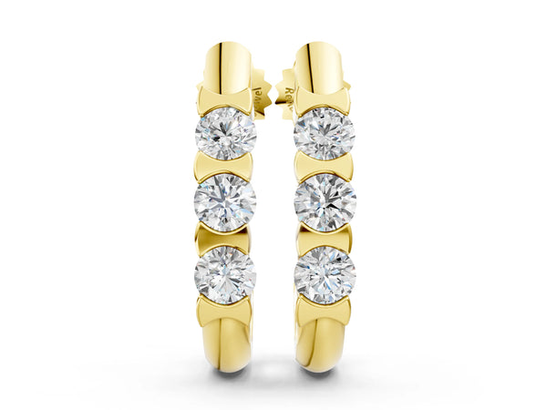 Yellow gold Channel Set Round Diamond Hoop Earrings with Claw Prong Setting