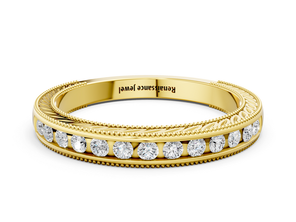 Yellow gold Channel Set Round Diamond Milgrain Edge Wedding Band