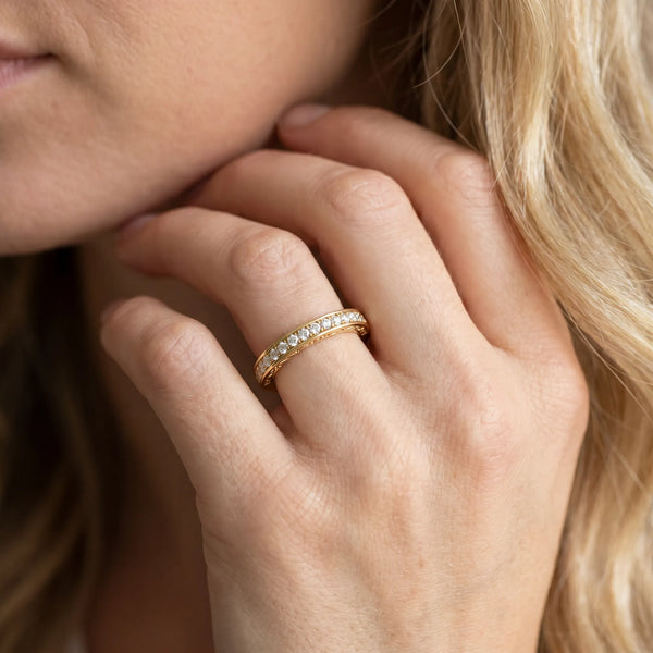 Yellow gold Channel Set Round Diamond Milgrain Engraved Band