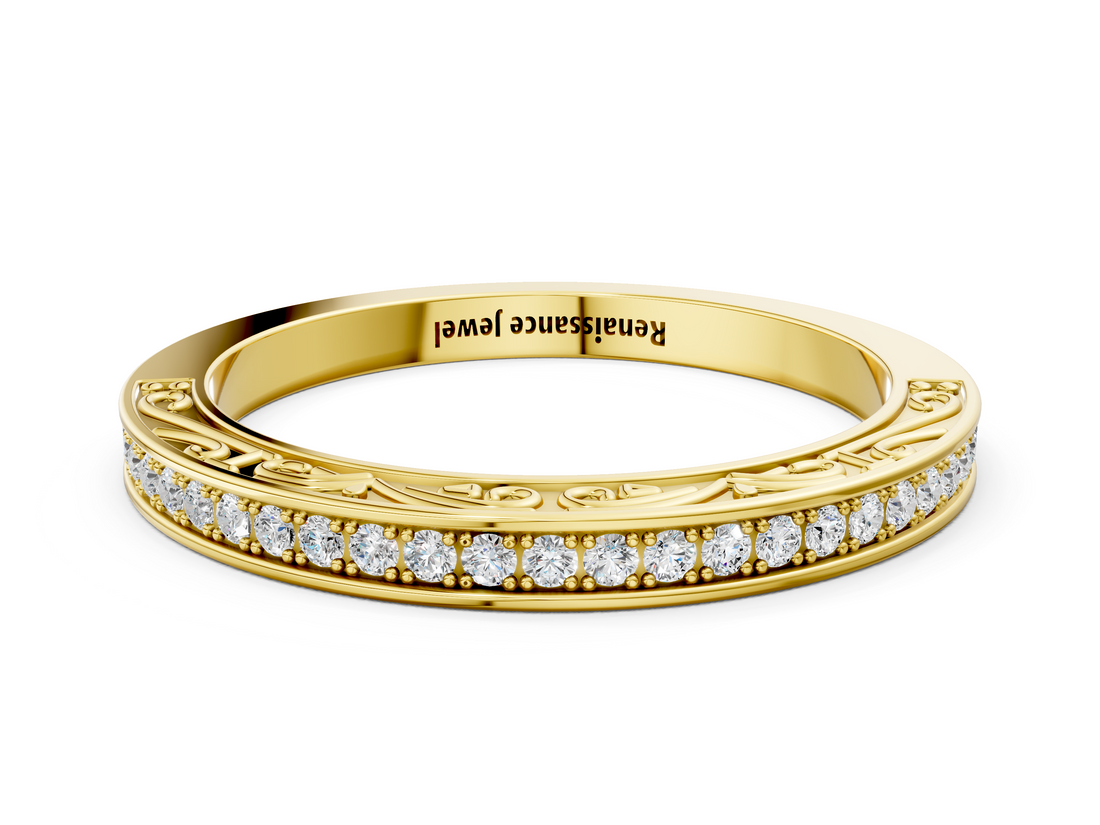 Yellow gold Channel Set Round Diamond Milgrain Engraved Band_4