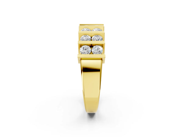 Yellow gold Channel Set Round Diamond Step Band with Bar Prong Setting