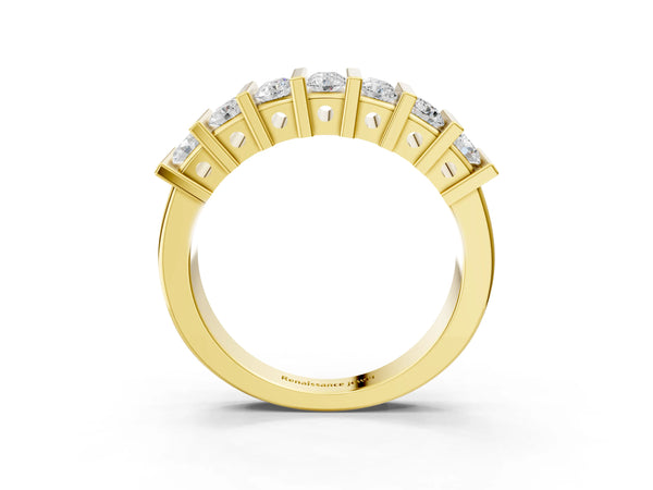 Yellow gold Channel Set Round Diamond Step Band with Bar Prong Setting