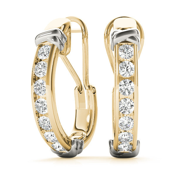 Yellow gold Channel-Set Round Diamond Two-Tone Hoop Earrings with Claw Prong Setting