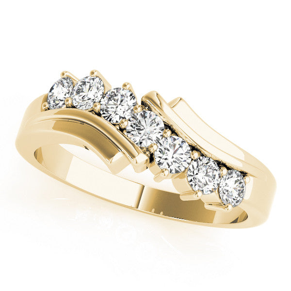 Yellow gold Channel Set Round Diamond Wave Band with Shared Prong Setting