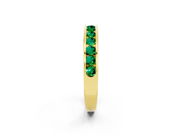 Yellow Gold Round Lab-Grown Emerald Channel Set Half Eternity Band with Plain Walls