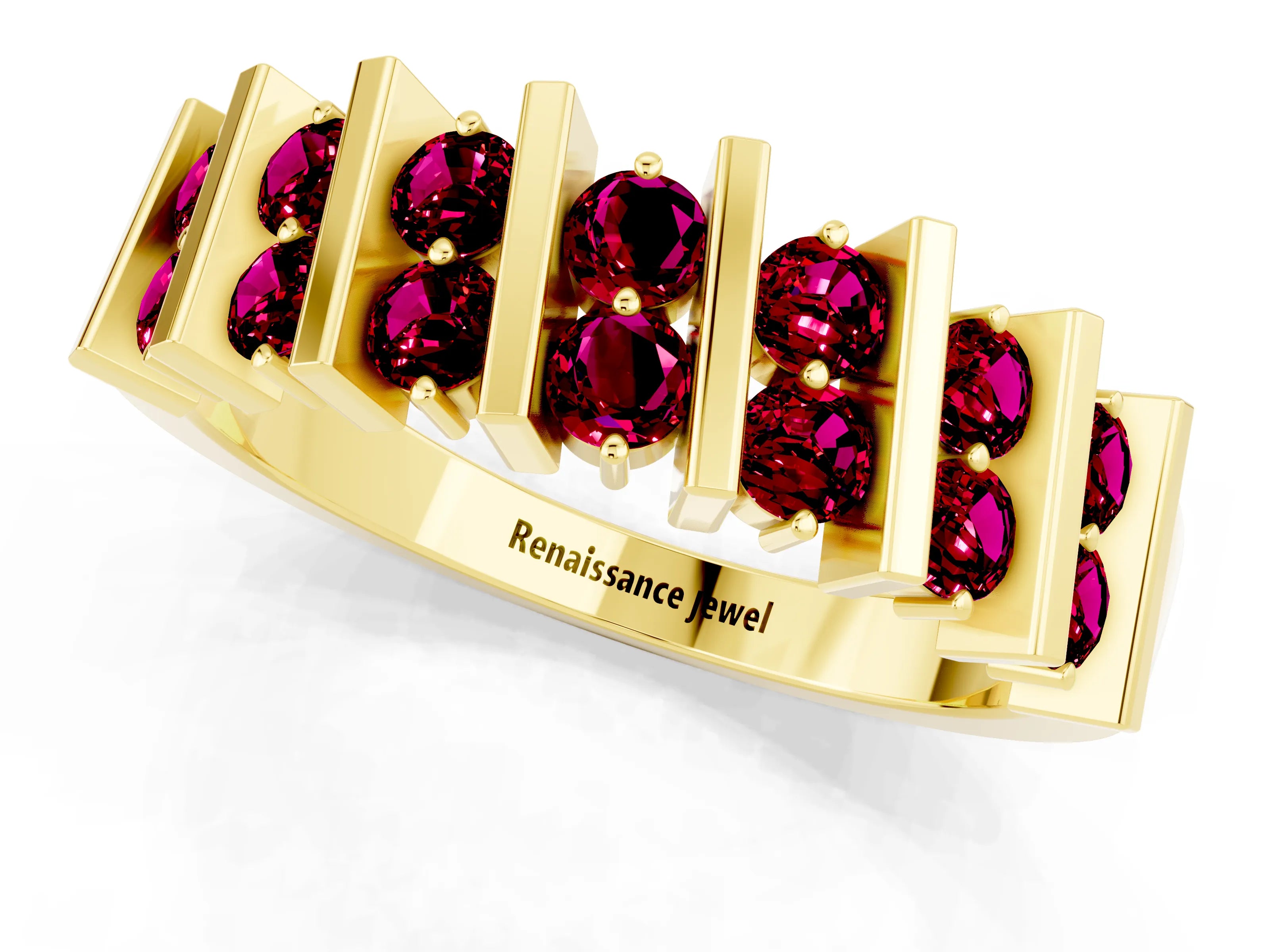 Yellow gold Channel Set Round Garnet Anniversary Band with Vertical Prongs_7